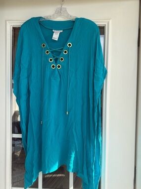 La Blanca Teal Lace-Up Swim Coverup with Gold Eyelets